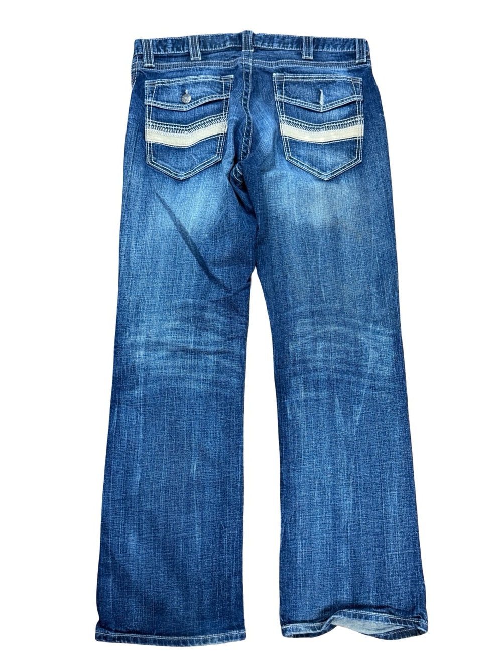 Mens Y2K Decree Dark Wash Grunge Boot Cut Blue Denim Jeans Size 36x32